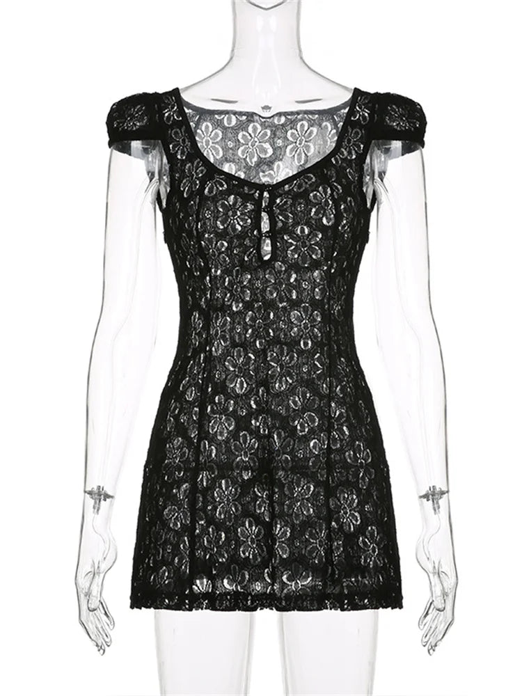 Lace Floral V neck A Line Mini Dresses