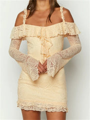 Romantic Lace Off Shoulder Ruffled Mini Dresses