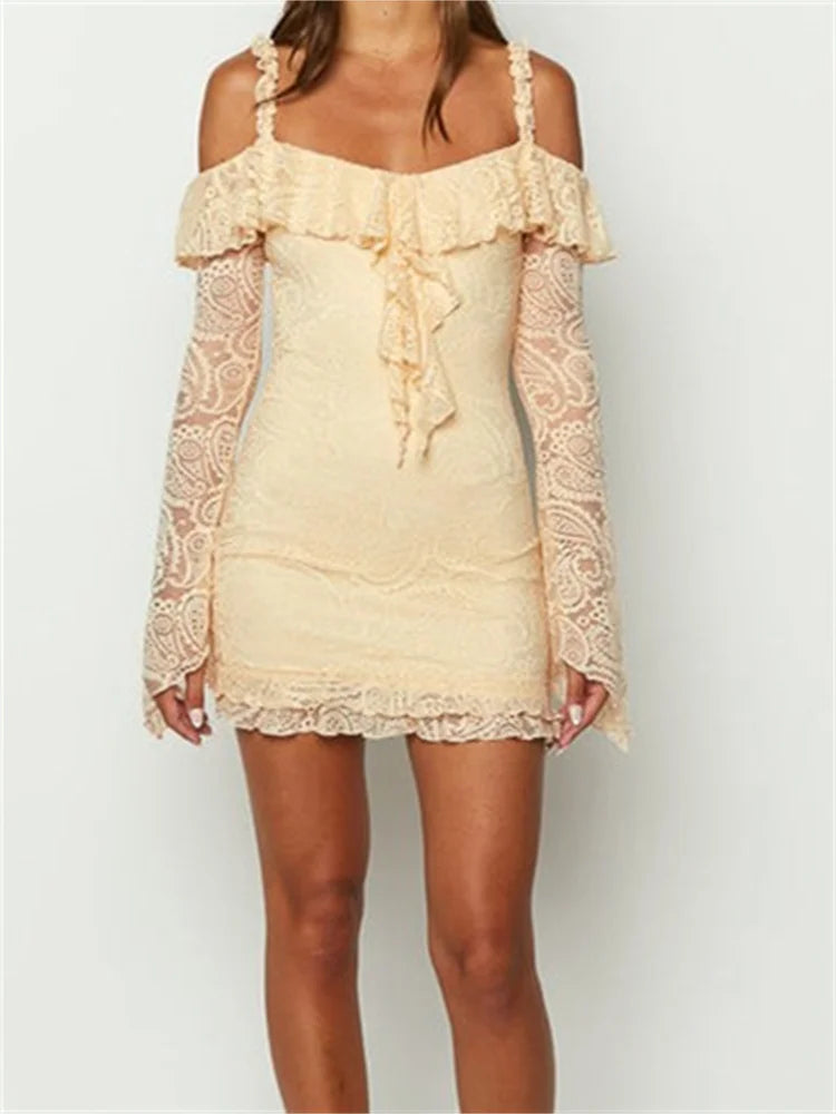 Romantic Lace Off Shoulder Ruffled Mini Dresses