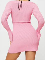 Ribbed Knitted Off Shoulder Long Sleeve Mini Dresses