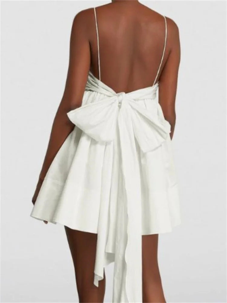 Sleeveless Strap Backless Bow Patchwork Mini Dresses