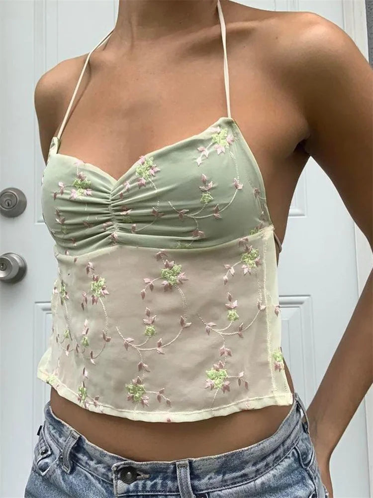 Backless Floral Vintage Halter Tie Up Off Shoulder Camisole Cute Mini Streetwear Crop Top