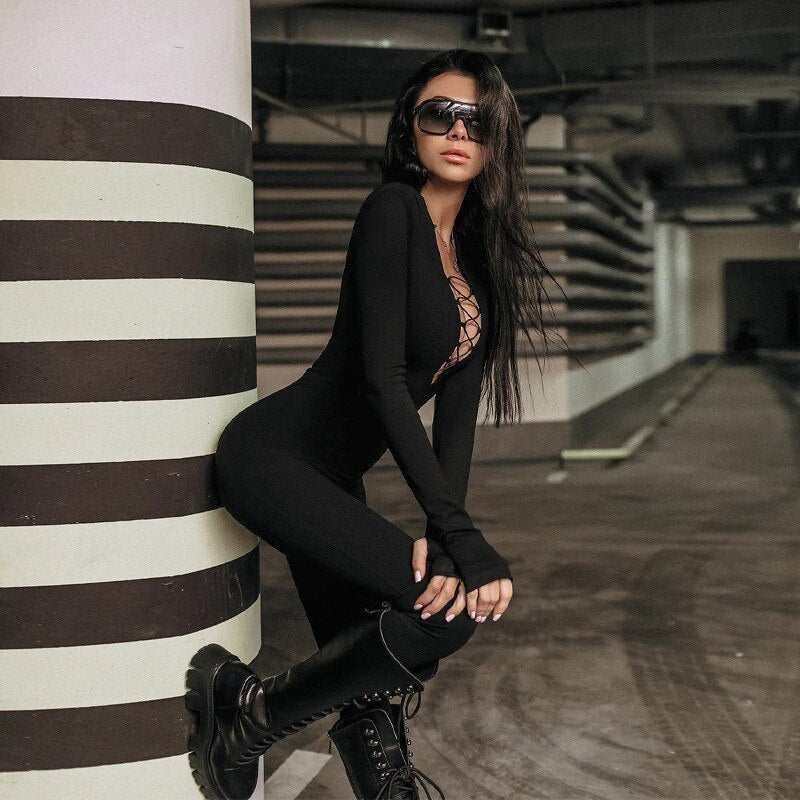 Black Slim Long Sleeve Jumpsuit