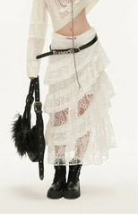 White Lace Layer Tulle Midi Skirt