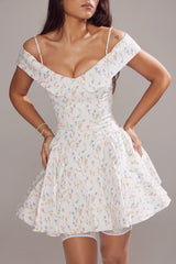 White Floral Print Off-Shoulder Mini Dress