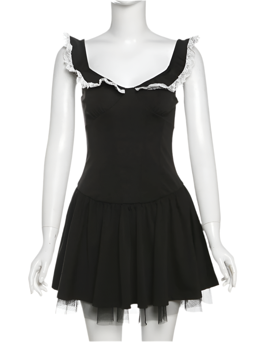 Black Lace Strap Pleated Mini Dress