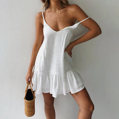 White Shift Dress Spaghetti Strap Ruffle Mini Boho Dress