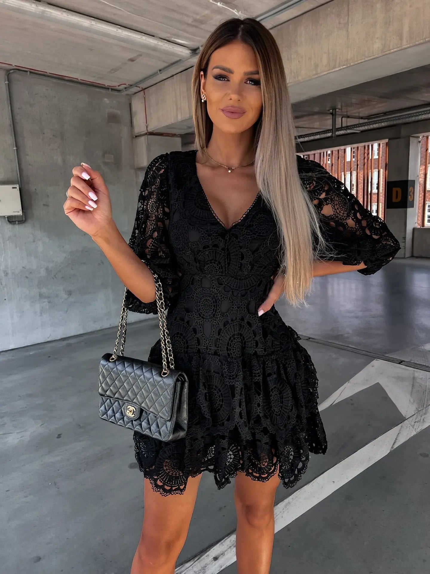 V Neck Hollow out Lantern Sleeve Slim Fit Evening Lace Dress