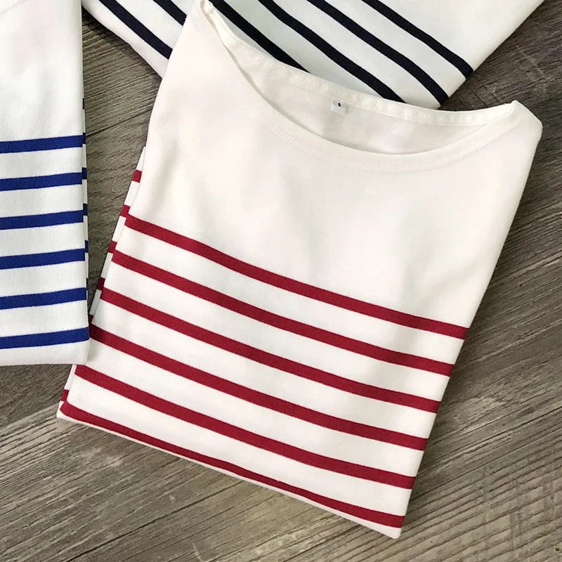 Long Sleeve Striped Combed Cotton T Shirt for