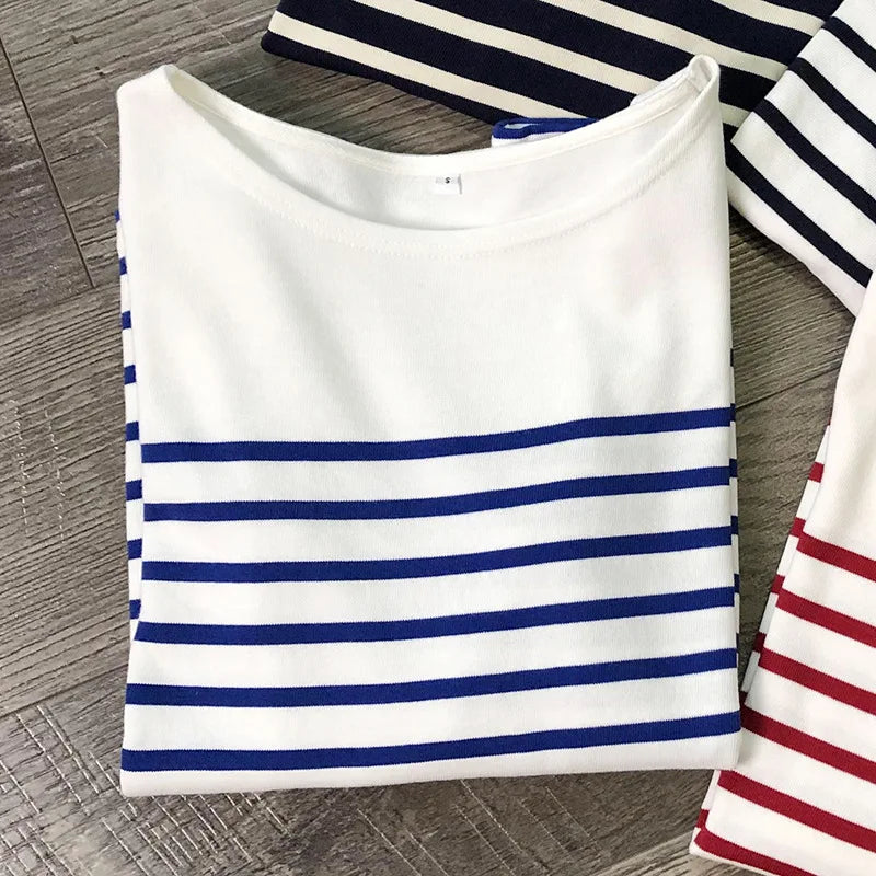 Long Sleeve Striped Combed Cotton T Shirt for