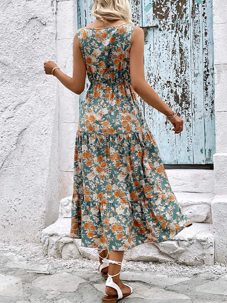 Elegant Floral Sleeveless Ruffle Boho Dress