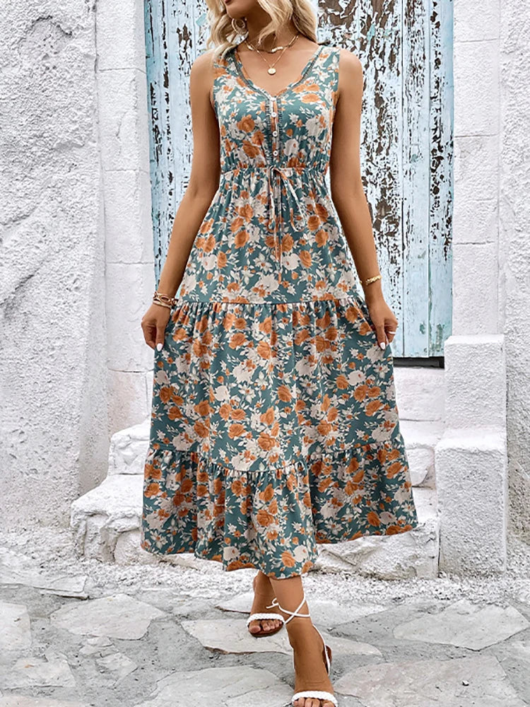 Elegant Floral Sleeveless Ruffle Boho Dress