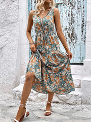 Elegant Floral Sleeveless Ruffle Boho Dress