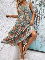 Elegant Floral Sleeveless Ruffle Boho Dress