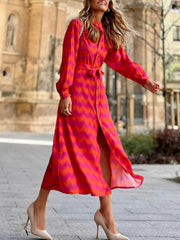 Elegant Lady Tie Dye Ruffled Lace Up Waist V neck Maxi Dress