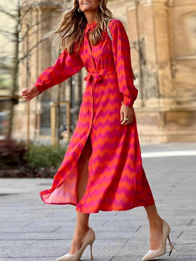Elegant Lady Tie Dye Ruffled Lace Up Waist V neck Maxi Dress