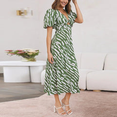 Elegant Boho Stripe Print V Neck Puff Sleeve Midi Dress