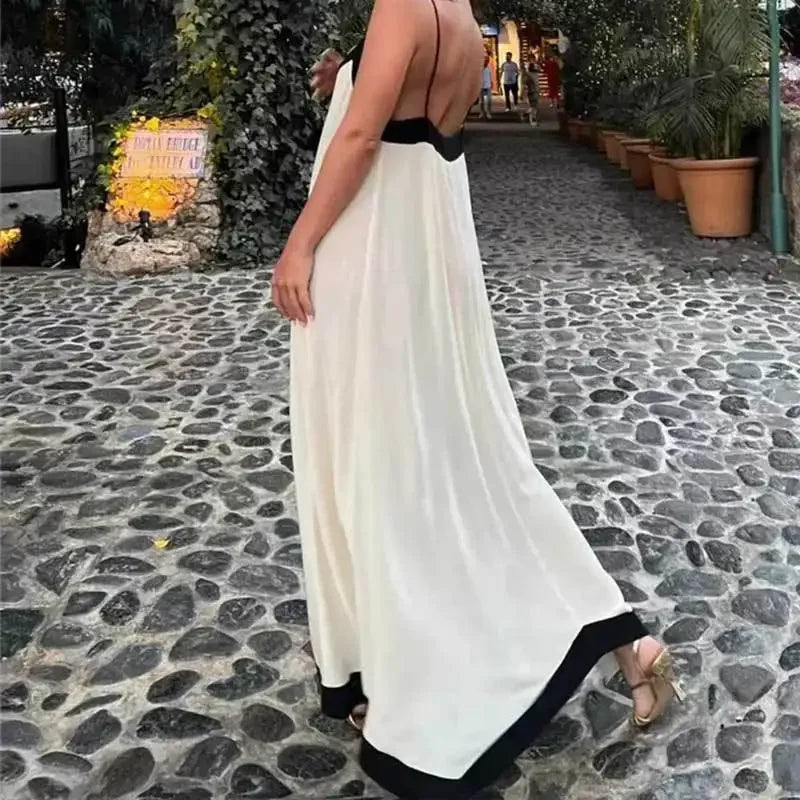 Backless V neck Summer Beach Vacation Maxi Dress