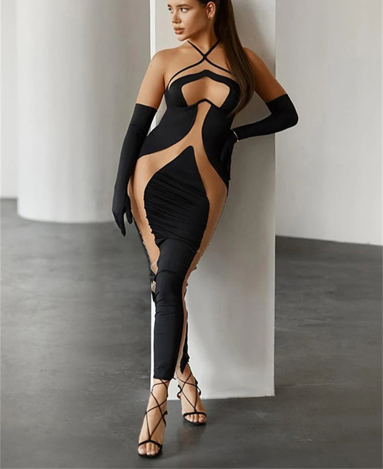 Black Mesh Patchwork Halter Bodycon Midi Dress