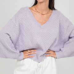 Flattering V Neck Drop Shoulder Bishop Sleeve Sweater - Purple
