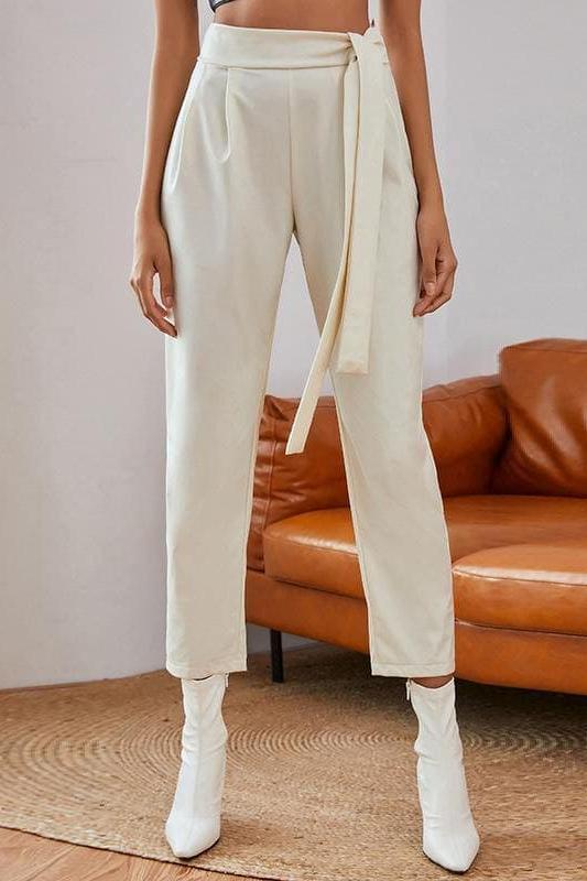 Knotted Belt White Women Pants