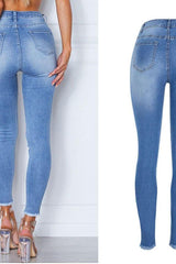 Elastic Ripped Cutout Cuff Washed Jeans