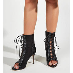 Lace-Up Stiletto Heels Black Boots