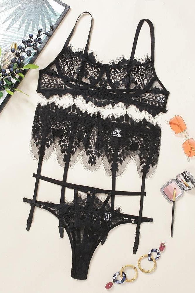 3 piece lingerie set garter