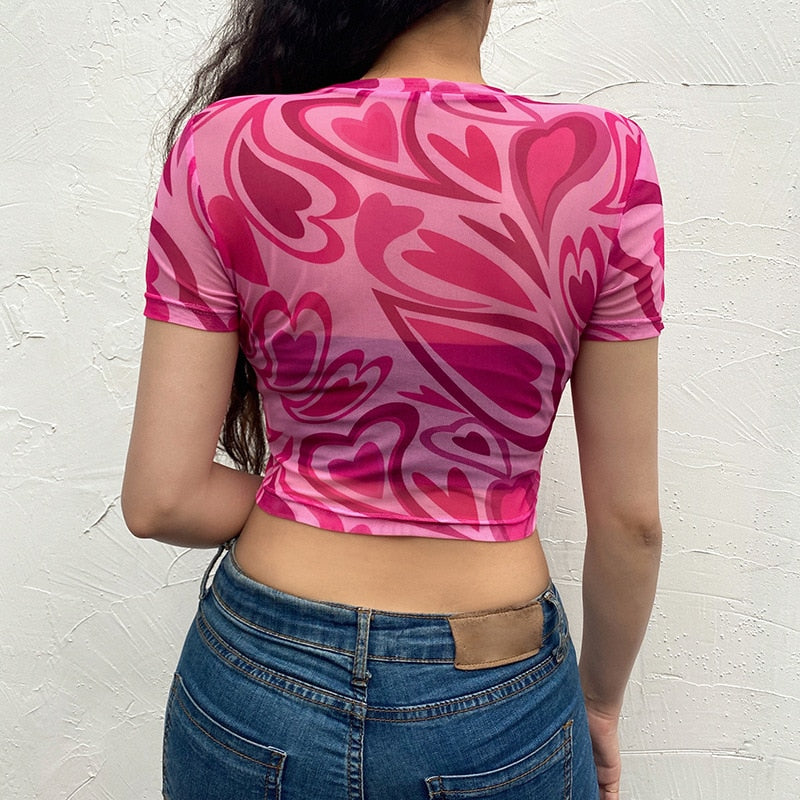 Fuchsia Heart Printed Mesh Top