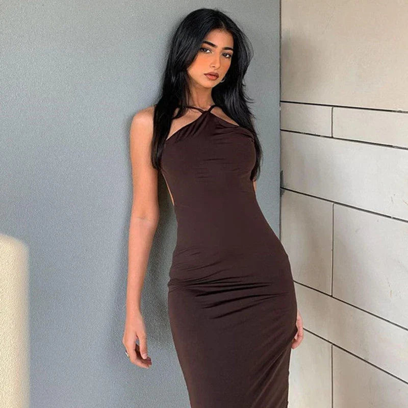 Mocha After Dinner Backless Midi Dress