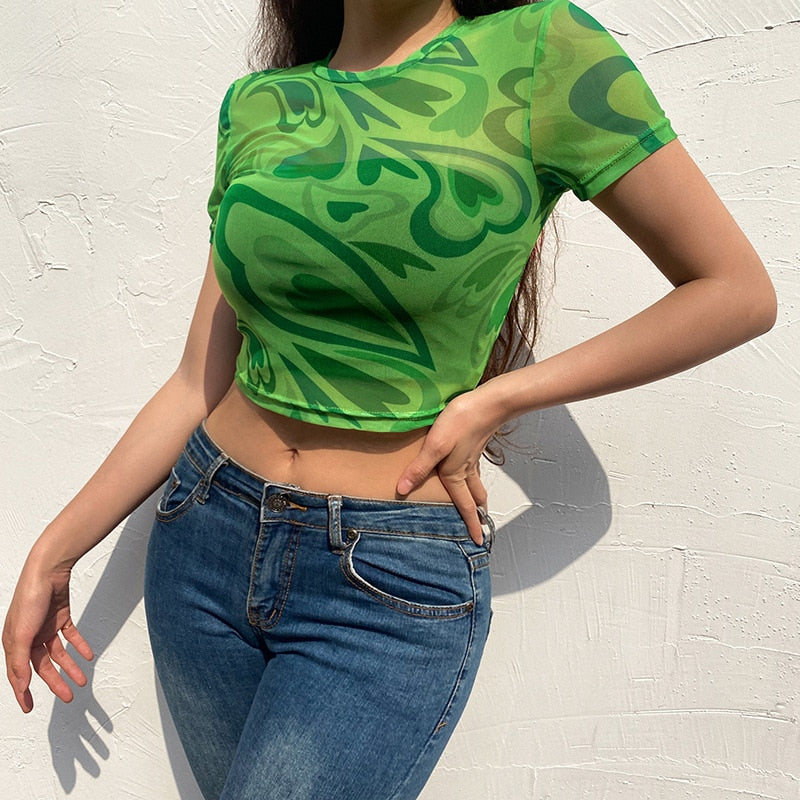 Fuchsia Heart Printed Mesh Top