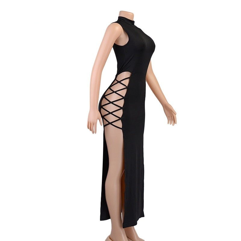 High Neck Sleeveless Side Tie-Up Midi Dress