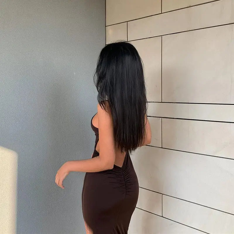 Mocha After Dinner Backless Midi Dress