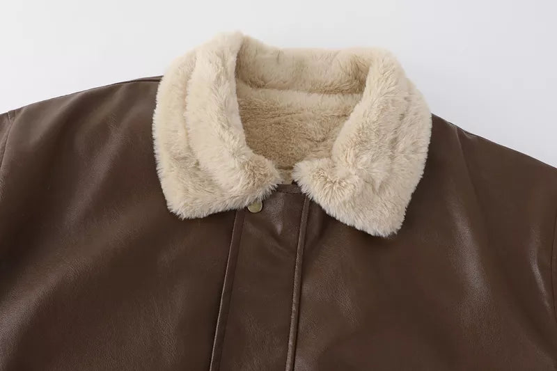 Faux Leather Lining Bomber Jacket