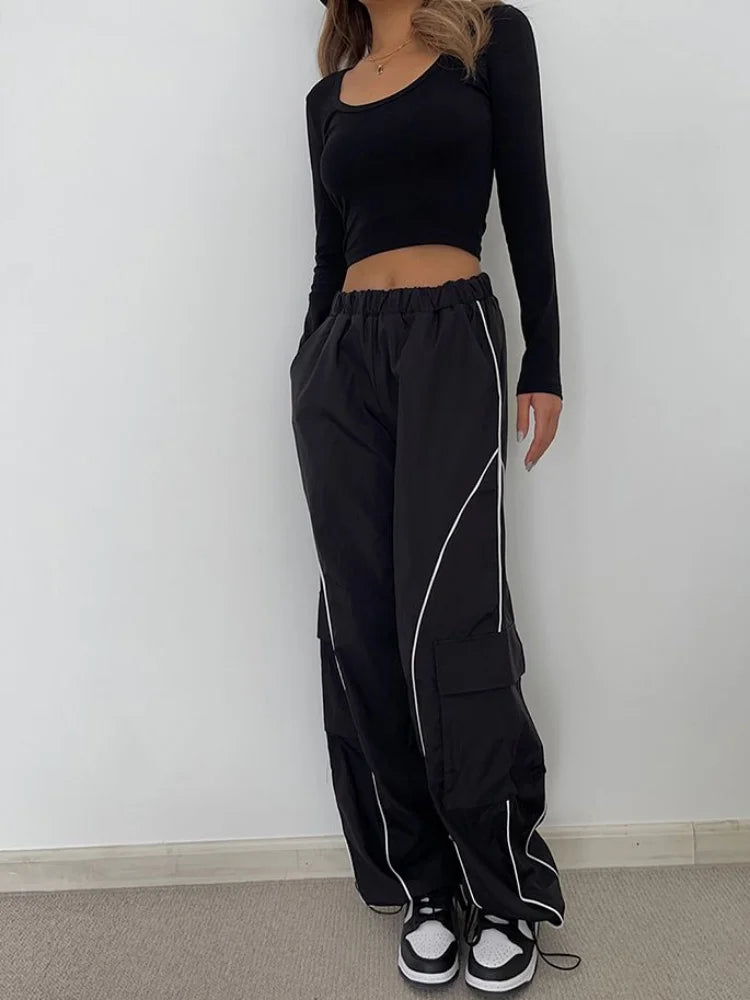 Hip Hop Reflective Cargo Cyber Punk Y2k Streetwear Oversize Striped Sweatpants Pant