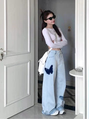 Blue Baggy  Y2K Hippie Graphic Denim Oversize Patchwork Pant