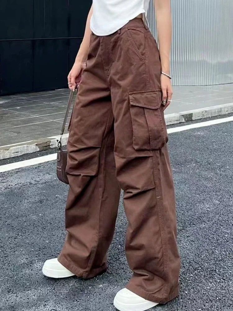 Y2K Retro White Cargo Aesthetic Oversized Brown Parachute Wide Pockets Pant