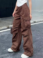 Y2K Retro White Cargo Aesthetic Oversized Brown Parachute Wide Pockets Pant