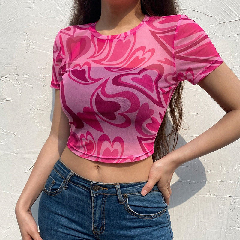Fuchsia Heart Printed Mesh Top