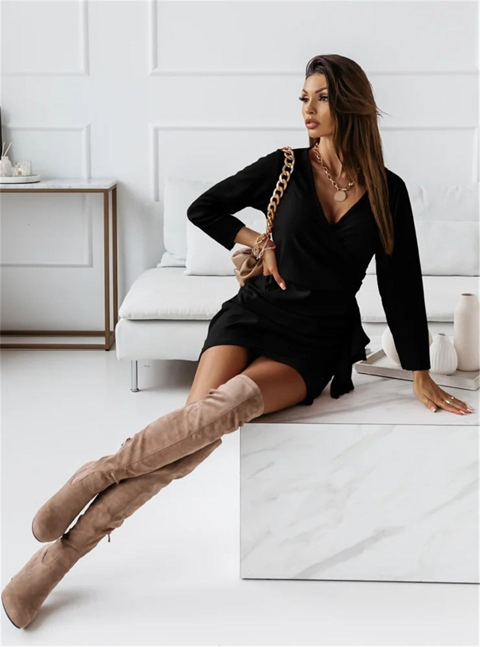 Solid Color Dresses V Neck Long Sleeve Slim Mini Dress