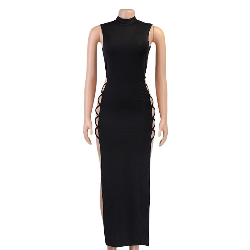 High Neck Sleeveless Side Tie-Up Midi Dress