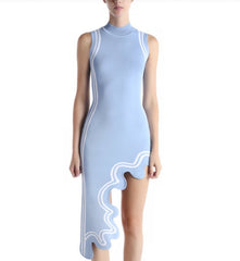 Asymmetrical Wavy Hem Round Collar Knit Midi Dress