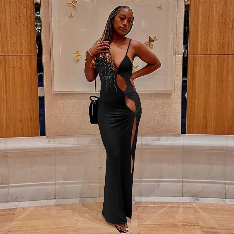 Black Asymmetric Cut Out Strap Maxi Dress - Fashionable Pencil Silhouette