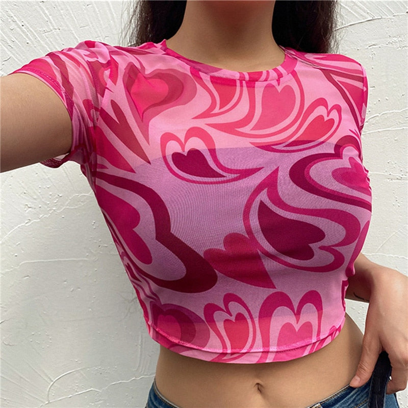 Fuchsia Heart Printed Mesh Top