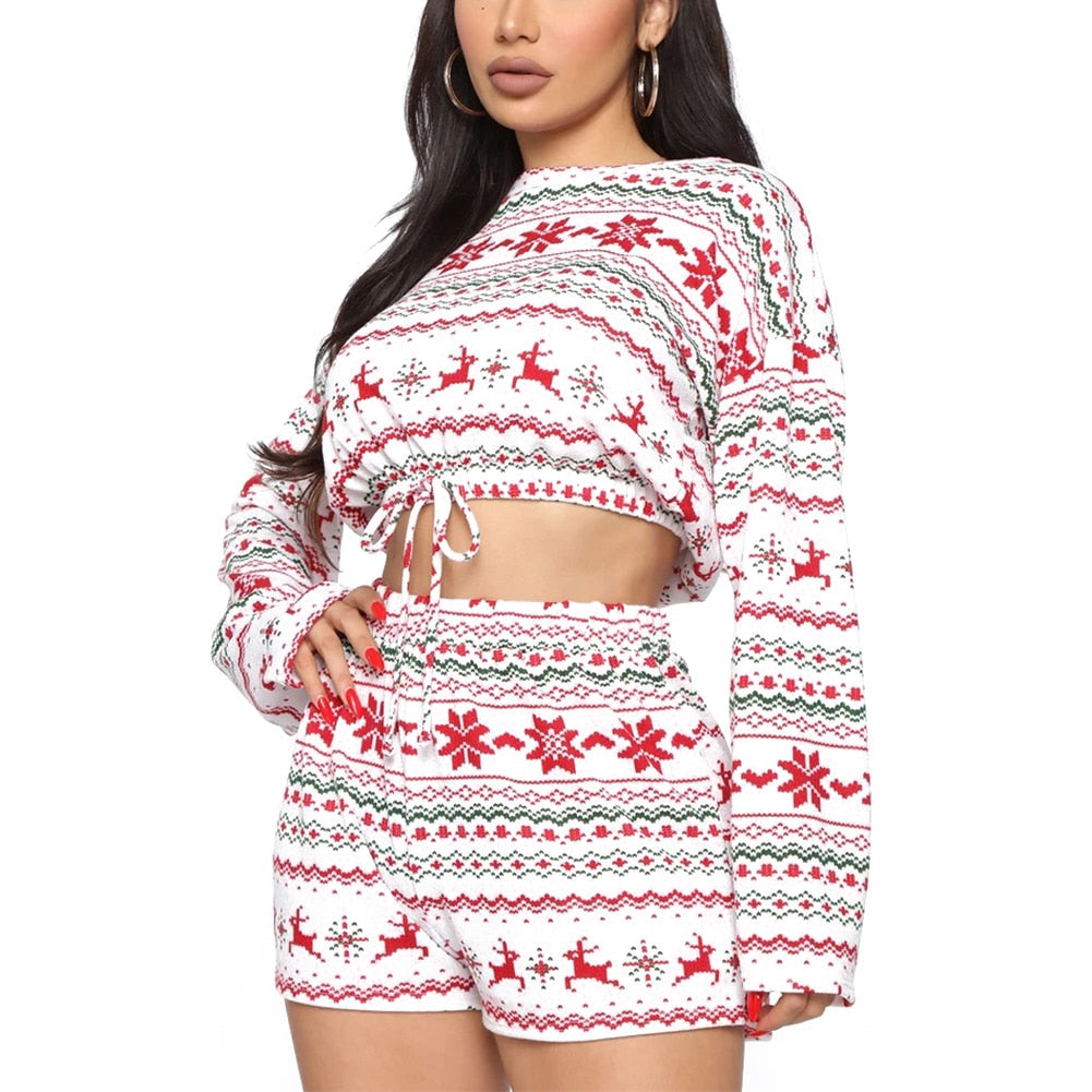 Christmas Pajama Sets Long Sleeve Crop Top Shorts 2Pcs Snowflake Print Knitted