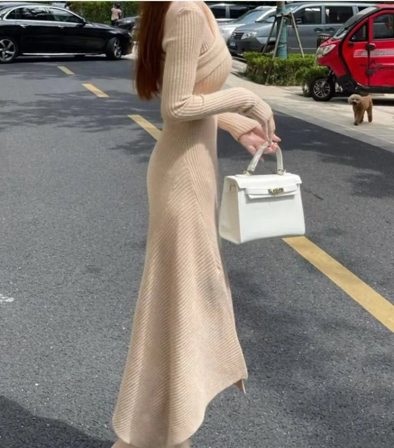 New Chic V neck Long Sleeves Solid Maxi Dress