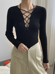 New V Neck Hollow Out Knitting Slim T shirt