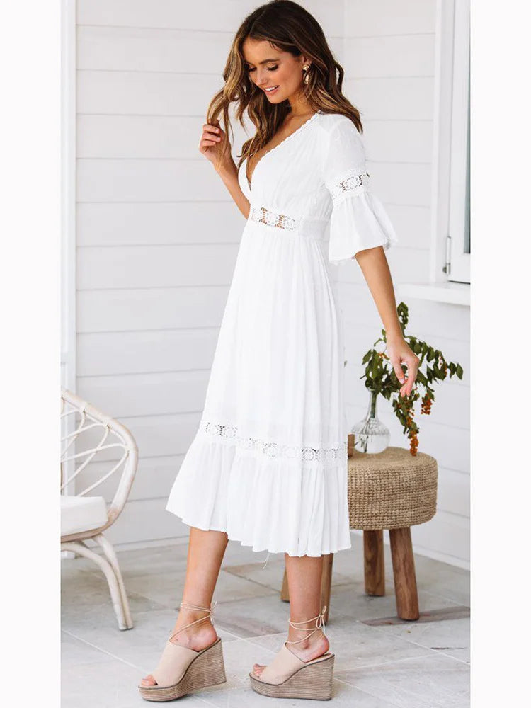 V Neck Lace Splice Boho Midi Dress