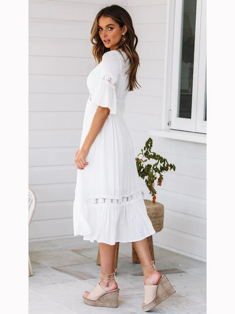 V Neck Lace Splice Boho Midi Dress