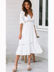 V Neck Lace Splice Boho Midi Dress